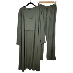 Amasoo 3 Piece Open Front Cardigan Crop Top Pant Set Olive Green L